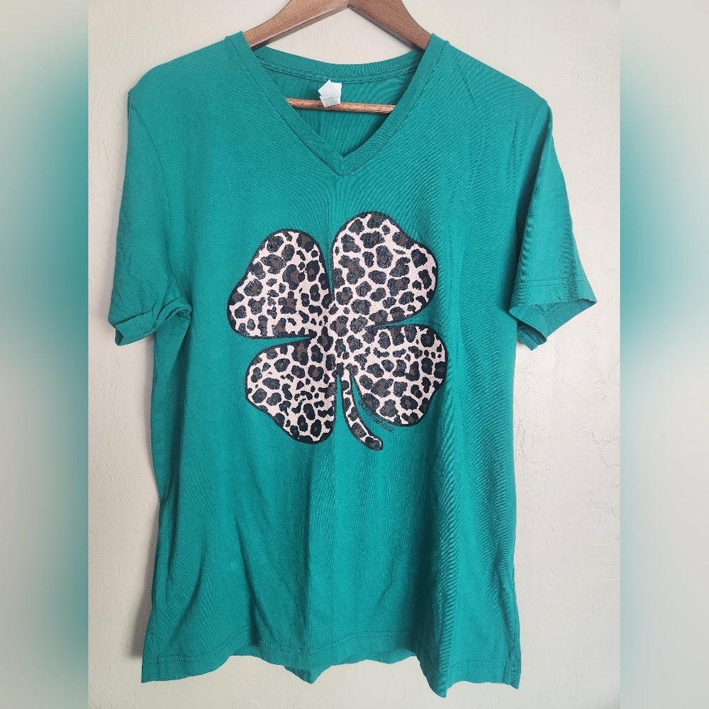 Bella Canvas Teal V-Neck Top with Leopard Print Clover